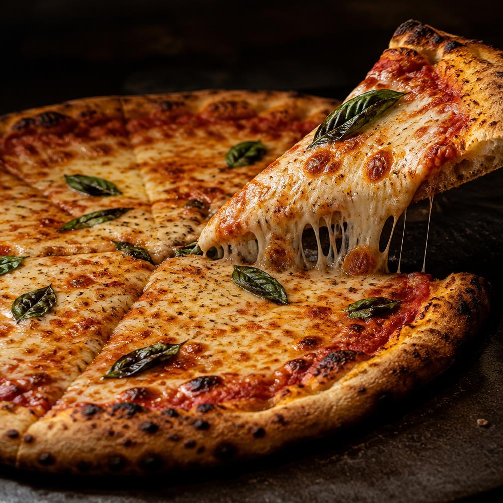 A cheese pizza with one slice being lifted, cheese stretching