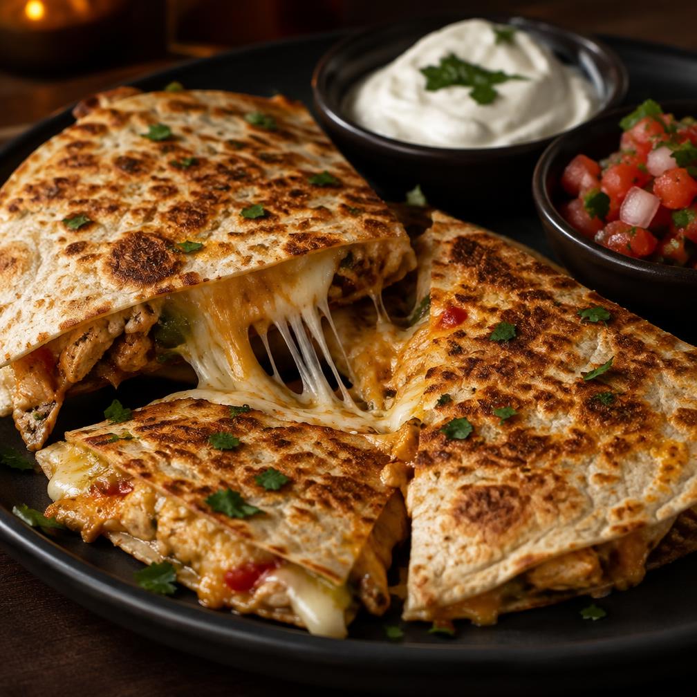 A grilled quesadilla cut in wedges with sour cream and pico de gallo